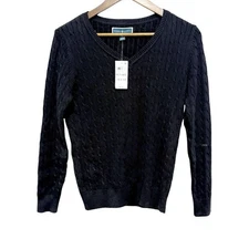 Karen Scott Sweater Womens M Petite Black Cable Knit V Neck 3/4 Sleeve Preppy