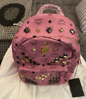 MCM Pink Logo Studded Zip Backpack Gold Hardware Inner 
