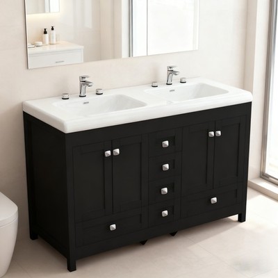 47.3'' Black Bathroom Vanity Cabinet w/ Double Ceramic Sinks 2 Doors & 6 Drawers