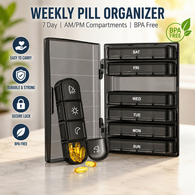 7 Day Weekly Pill Organizer 4 Times a Day Large Portable Travel Pill Box Case