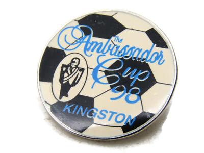 Vintage 1998 Ambassador Cup Kingston Soccer Pinback Button Enamel Soccer Ball