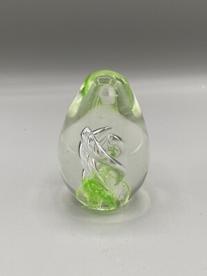 Clear Lime Green Swirl Helix Egg Shaped Glass Paperweight