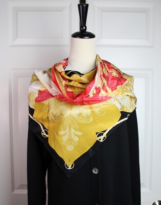 Cornelia James 100% Silk 34'' Square Scarf Gold Red Black White Mixed Print EUC