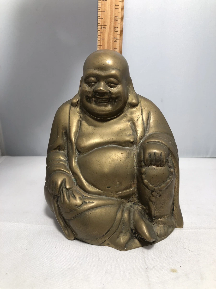 Vintage Bronze Happy Buddha Seated Statue Figurine 6  Inch Tall With Mark