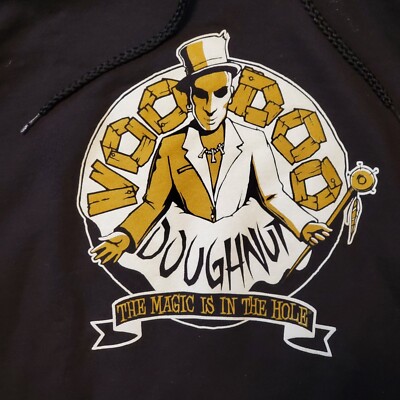 Voodoo Doughnuts THE MAGIC IS IN THE HOLE Black Hoodie Sweatshirt Mens Medium 38