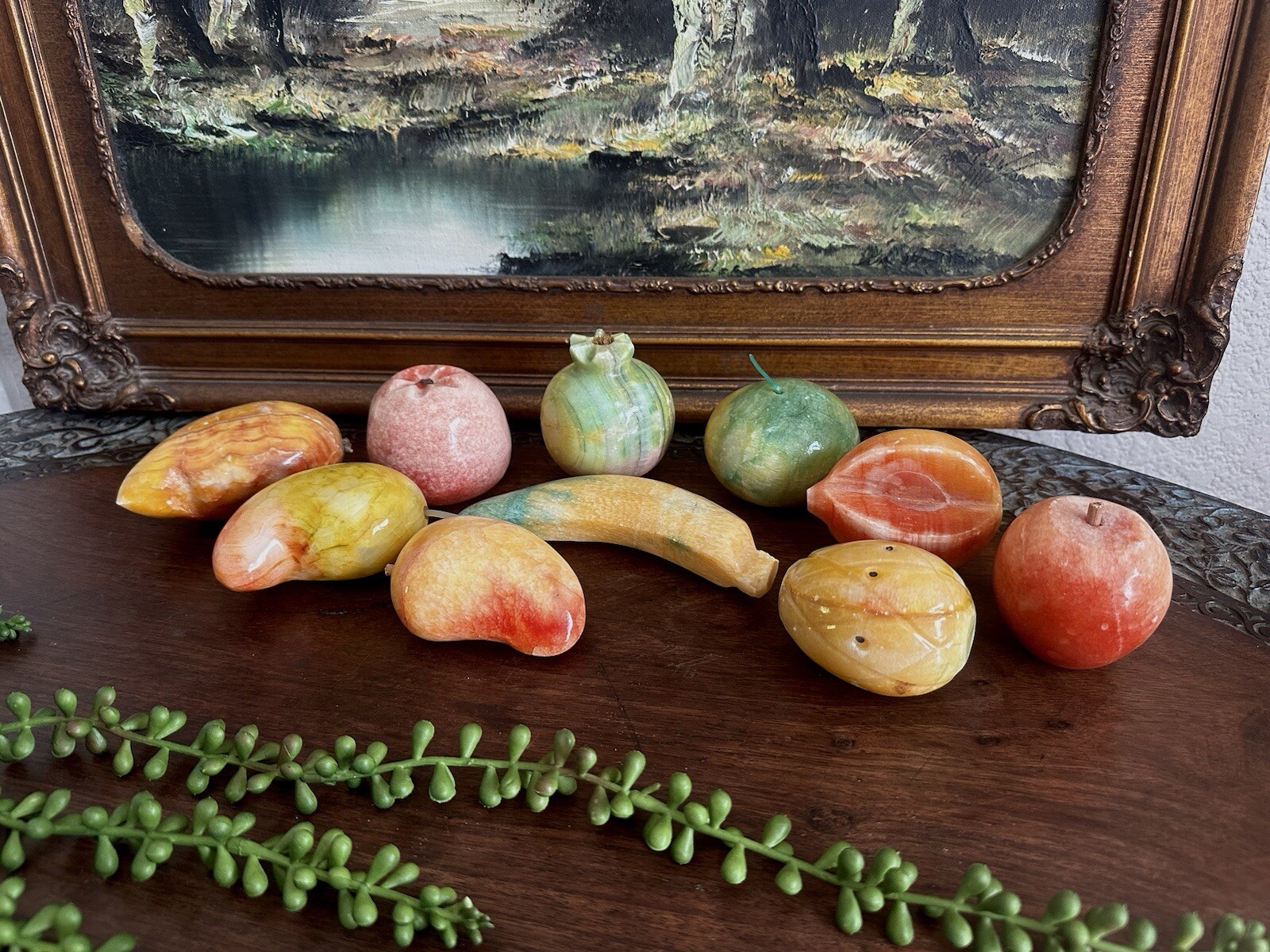 Vintage Italian Polished Alabaster Stone Fruit Sculpture Collection Set of 10