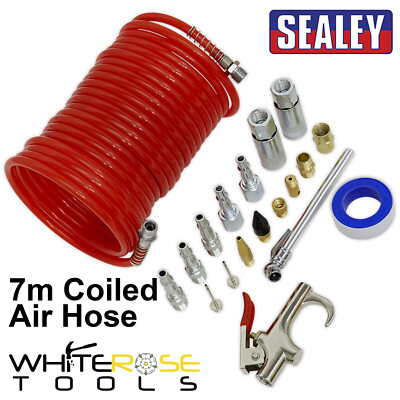 Sealey Air Blow Gun Kit 19pc 7m Coiled Air Hose Quick Couplers 1/4'' BSP PCL
