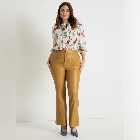 ELOQUII Women Brown Tan Faux Leather Flare Pants Size 22 Office Trousers Plus