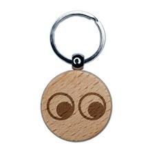 Cute Cartoon Eyes Looking to Side Engraved Wood Round Keychain Tag Charm