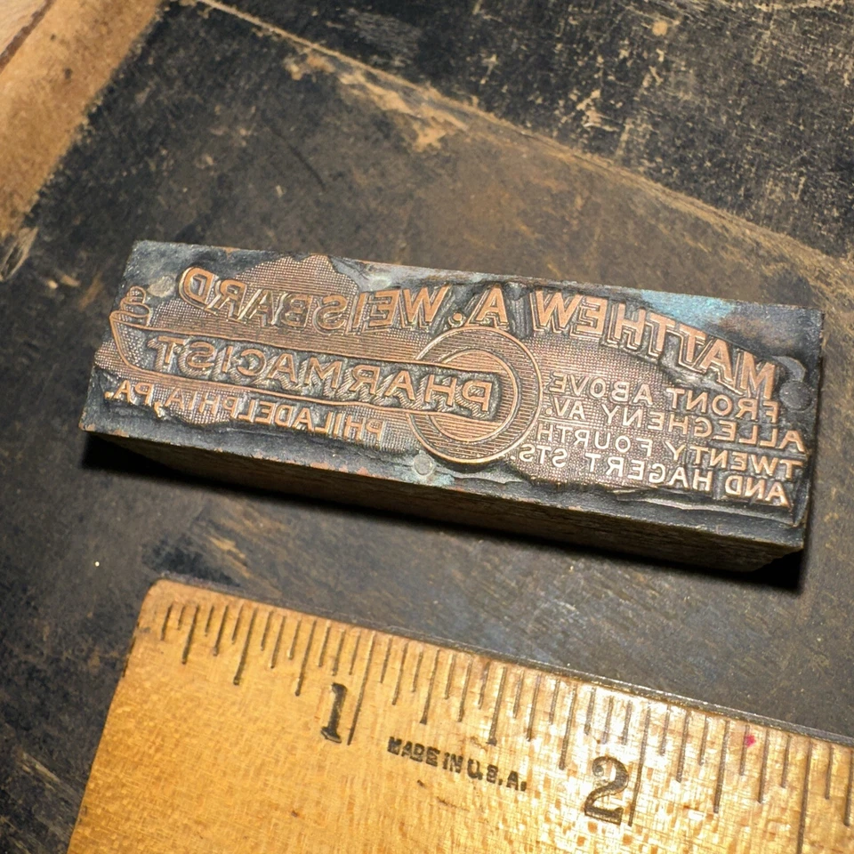 Print Block “ Matthew A. Weisbard Pharmacist “ Philadelphia PA, Copper Face￼ - Image 2 of 4
