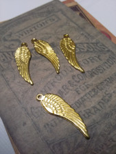 6 Angel Wing Charms Shiny Gold Pendants 2 Sided 30mm Jewelry Making Supplies