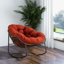 Outdoor Rattan Rocking Chair Padded Cushion Rocker Recliner Chair Outdoor Orange