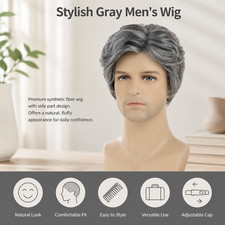 Men's Short Gray Wig Synthetic Side Part Natural Fluffy Hairpiece for Older Men