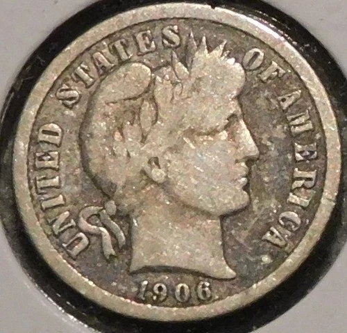 Silver Dime - Barber - 1906-D (Tarnish.  Likely after an old cleaning.)
