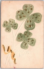Good Luck, 1909 Three Embossed Four-Leaf Clovers Tied Yellow Ribbon, Postcard