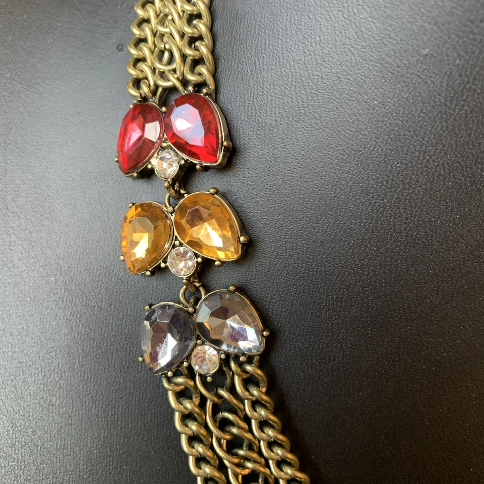 New Necklace-Antique Gold Multi chain W/Red Amber & Gray Rhinestone Bead Accent - Image 4 of 4