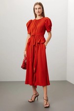 Ulla Johnson Marion Red Orange Puff Sleeve Belted Midi Dress 6