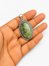 Natural Prehnite Black Tourmaline Pendant 925 Sterling Silver Handmade Jewelry