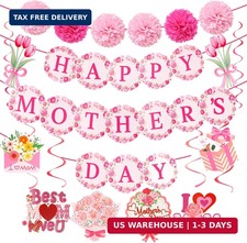 Mothers Day Decorations Set, Happy Mothers Day Banner with Flowers, Pink Mother'