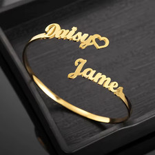 Custom Double Name Bracelet Bangle Jewelry Heart Partner Romance Gold Silver