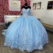 Luxury Blue Quinceanera Dresses Glitter Beading Lace Applique Sweet 16 Ball Gown