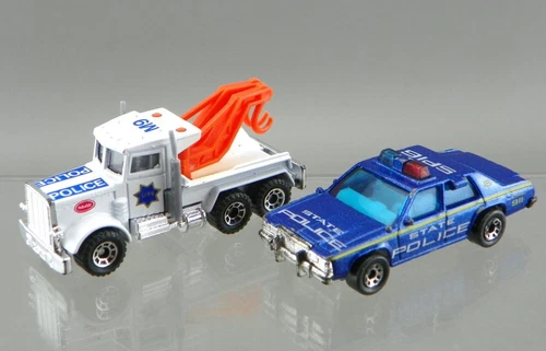 Vintage 1987 Matchbox Diecast 1/64 Blue Ford LTD State Police Car Tow Truck Lot