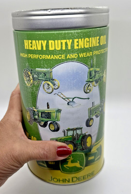 John Deere Tin Bank   Heavy Duty Engine Oil Canister Style Farm Collectible Deco