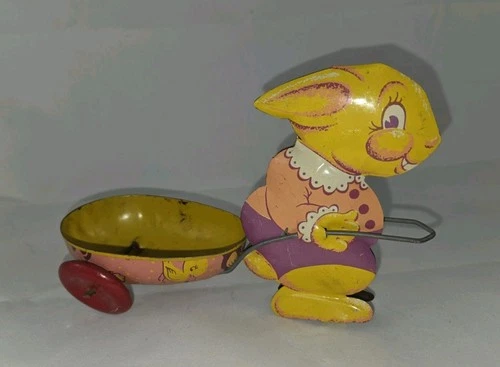 Vtg Colmer or Chein & Co Easter Bunny Egg Push Cart Tin Litho Toy Seasonal
