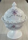 VINTAGE WESTMORELAND MILK GLASS RAISED FRUIT CANDY DISH HANDPAINTED ROSES & BOWS