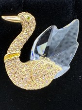 Vintage Brooch Pin Swan Gold Tone Crystal Wings Rhinestones