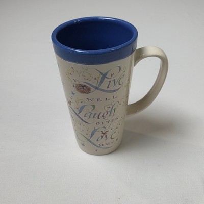Latte Coffee Mug Unisex 6in Cream Blue Live Laugh Love Floral Bird Nest Script