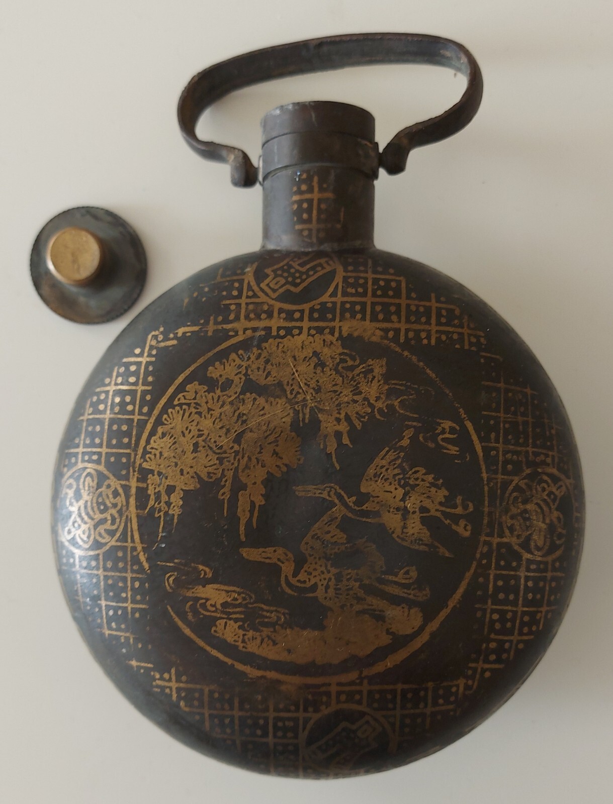 Bronze Chinese Canteen / Hip Flask Good Fortune/Flying Crane design