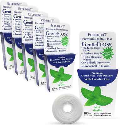 Eco dent Gentlefloss Premium Dental Floss Mint  100 Yrds PK-6 W/Free Gift & Ship