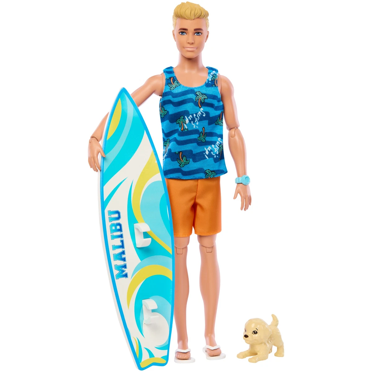 Barbie Movie Ken Doll Surfboard & Puppy Blonde Ken Beach