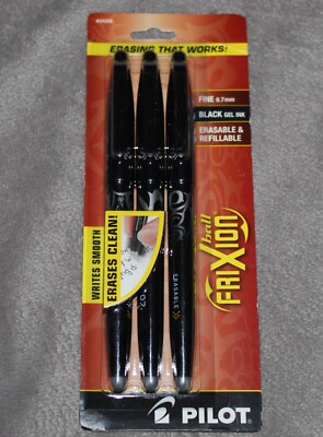 31556 Pilot FriXion Ball Erasable Gel Pen Fine Point 0.7mm Black Ink 3 Pack NEW