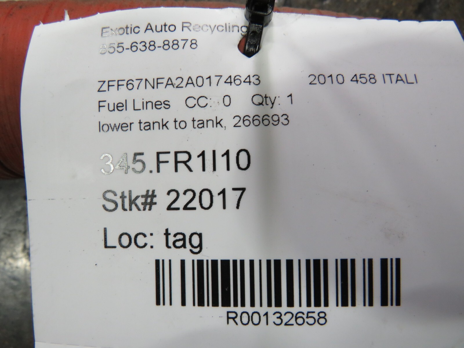 Ferrari 458 Italia, Spider, Lower Tank To Tank Fuel Line, Used, P/N 266693
