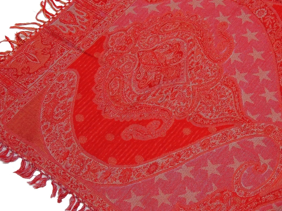 Red Paisley Wool Table Overlay Woven Ethnic Tablecloth Kashmir Topper 54"x60" - Image 4 of 4