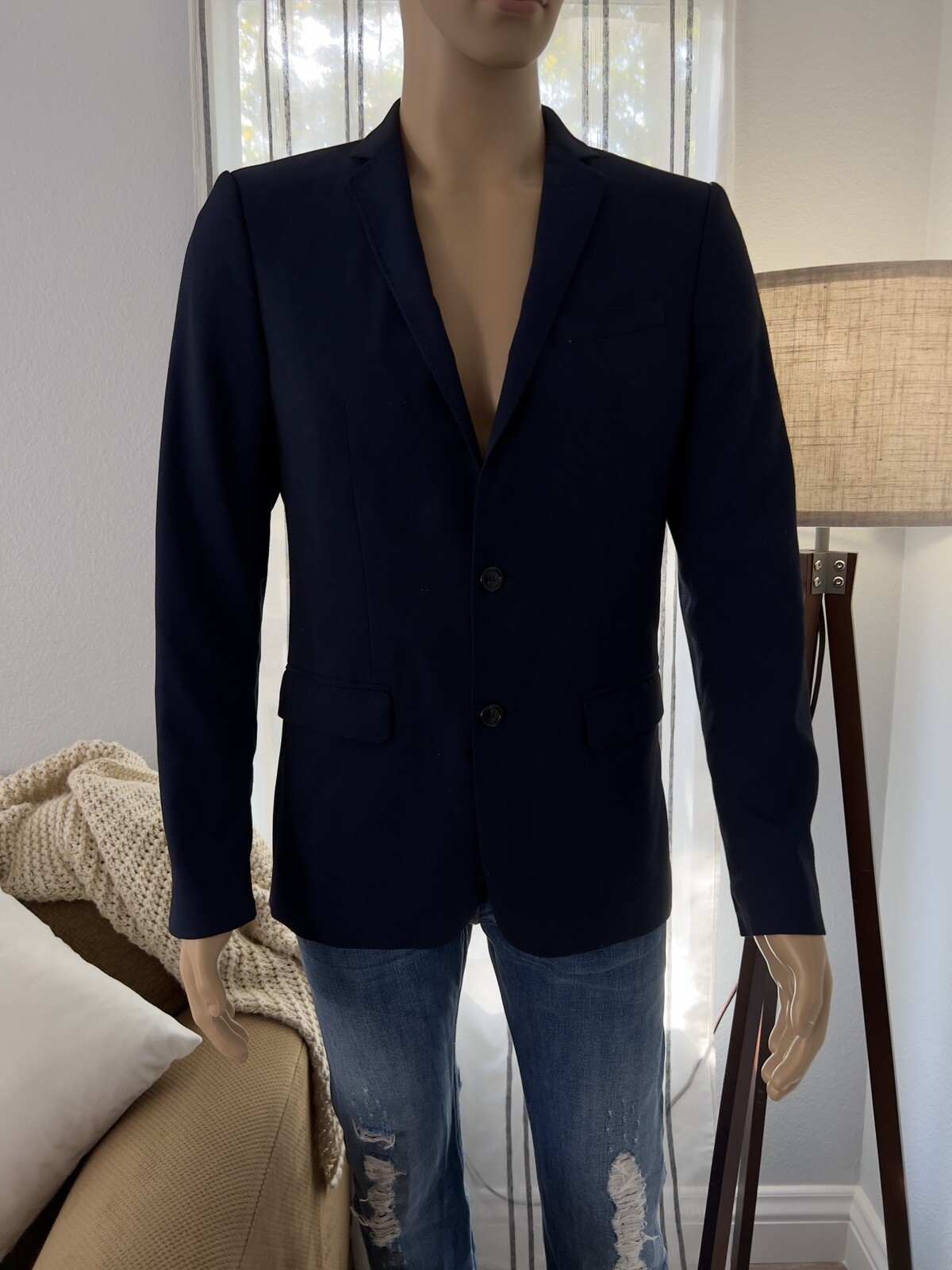 Basic Zara Man Blazer Suit Jacket Men’s Size 38 Navy Blue 2 Button Slim Fit