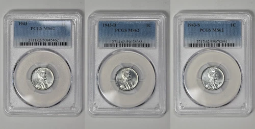 1943 P D S 1c Lincoln Steel Wheat Cent PCGS MS 62 Three Coin Lot