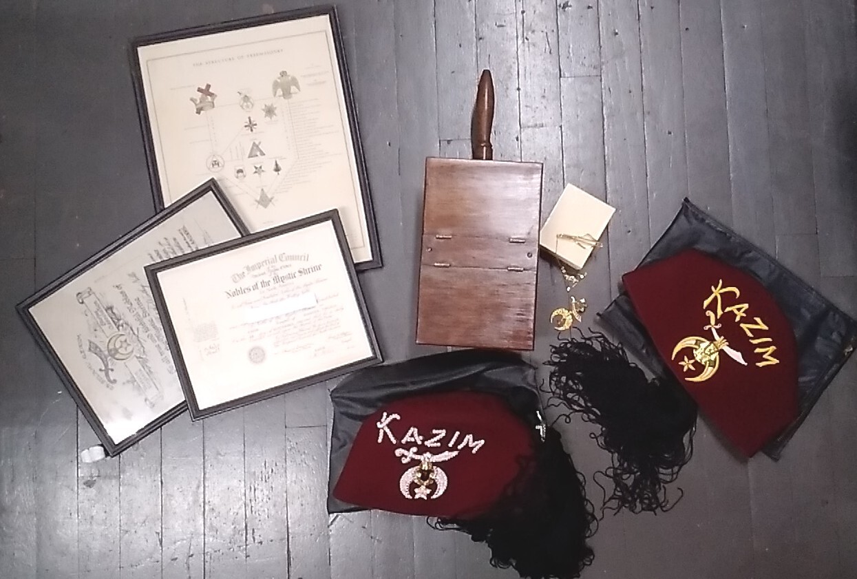 Lot of Masonic Memorabilia, Ballot Box, 2 Hats, Jewelry, 3 Framed Certificates.