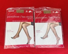 Lycra Pantyhose One Size 100-150 # Day Sheer Beige Reinforced Toe Juncture 2 Lot