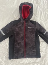 Boys Free Country Hooded Softshell Jacket Size 5/6 Black Camo Red Fleece Lined