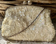 VTG Art Deco Sequin Evening Bag Cream Handmade In France 1950  s