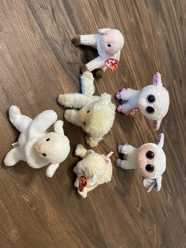 lot of 6 lamb beanie babies mixture of NWT and gently used, vintage and modern