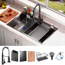 30x18 Black Drop-in Kitchen Sink: Deep Single Bowl Stainless Steel Workstatio...