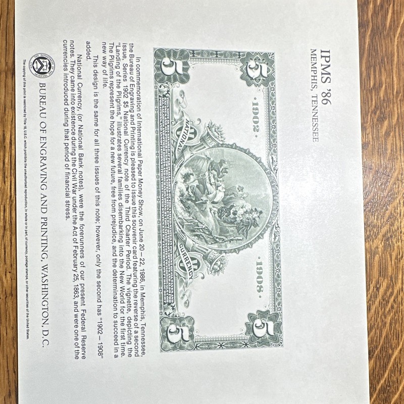 $5 Commemorative Issue Reproduction Note IPMS '86 Memphis TN BEP Washington DC