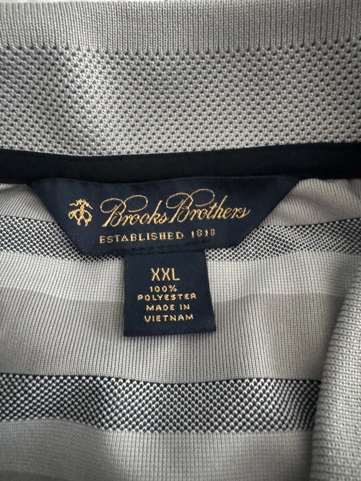 BROOKS BROTHERS 男式 SS 灰色蓝色条纹涤纶高尔夫 Polo 衫 XXL — 第 4/4 张图片