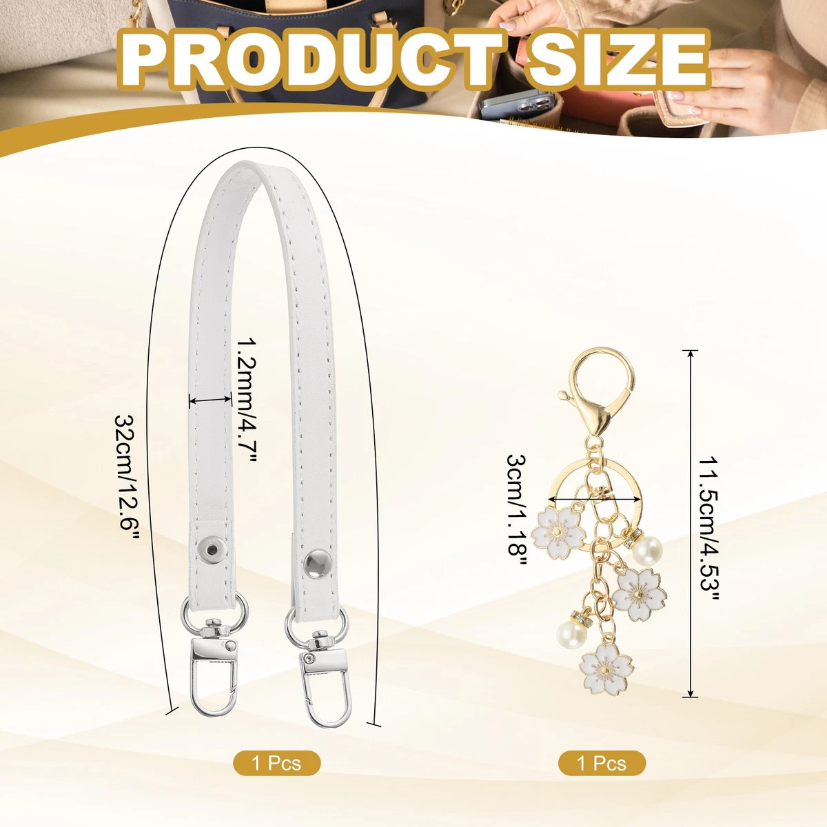 Correa de Asa para Bolso de Cuero, 13 Pulgadas con Llavero Ciruela, Blanco
