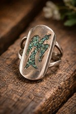 VTG Zuni Native American Turquoise Inlay Thunderbird Ring Sterling Silver SZ 8.5