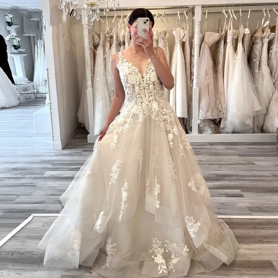 Boho Wedding Dresses V Neck Lace Appliques Elegant Beach Sweep Train Bridal Gown - Image 3 of 4